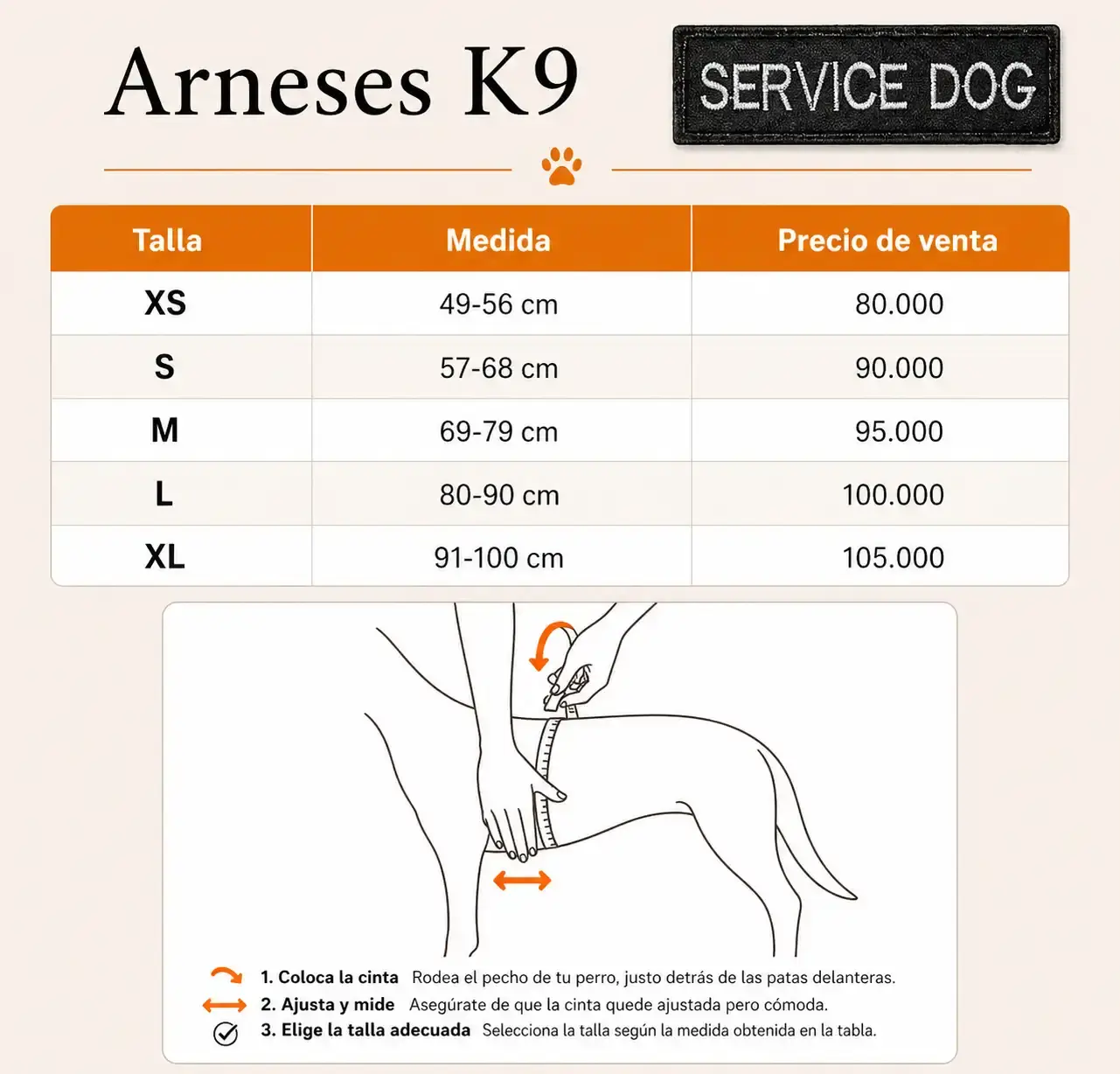 Medidas y precios del arnes de perro de servicio